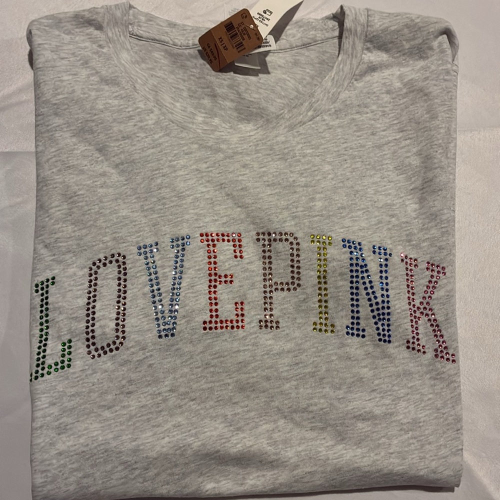 New Victoria’s Secret PINK Campus Shirt Bling Short Sleeve Gray logo top NWT